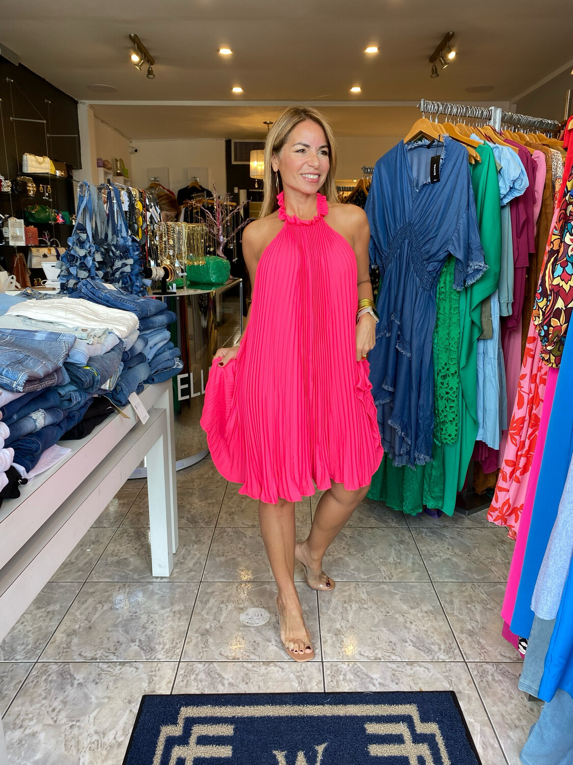 Hot Pink Halter Neck Pleated Mini Dress