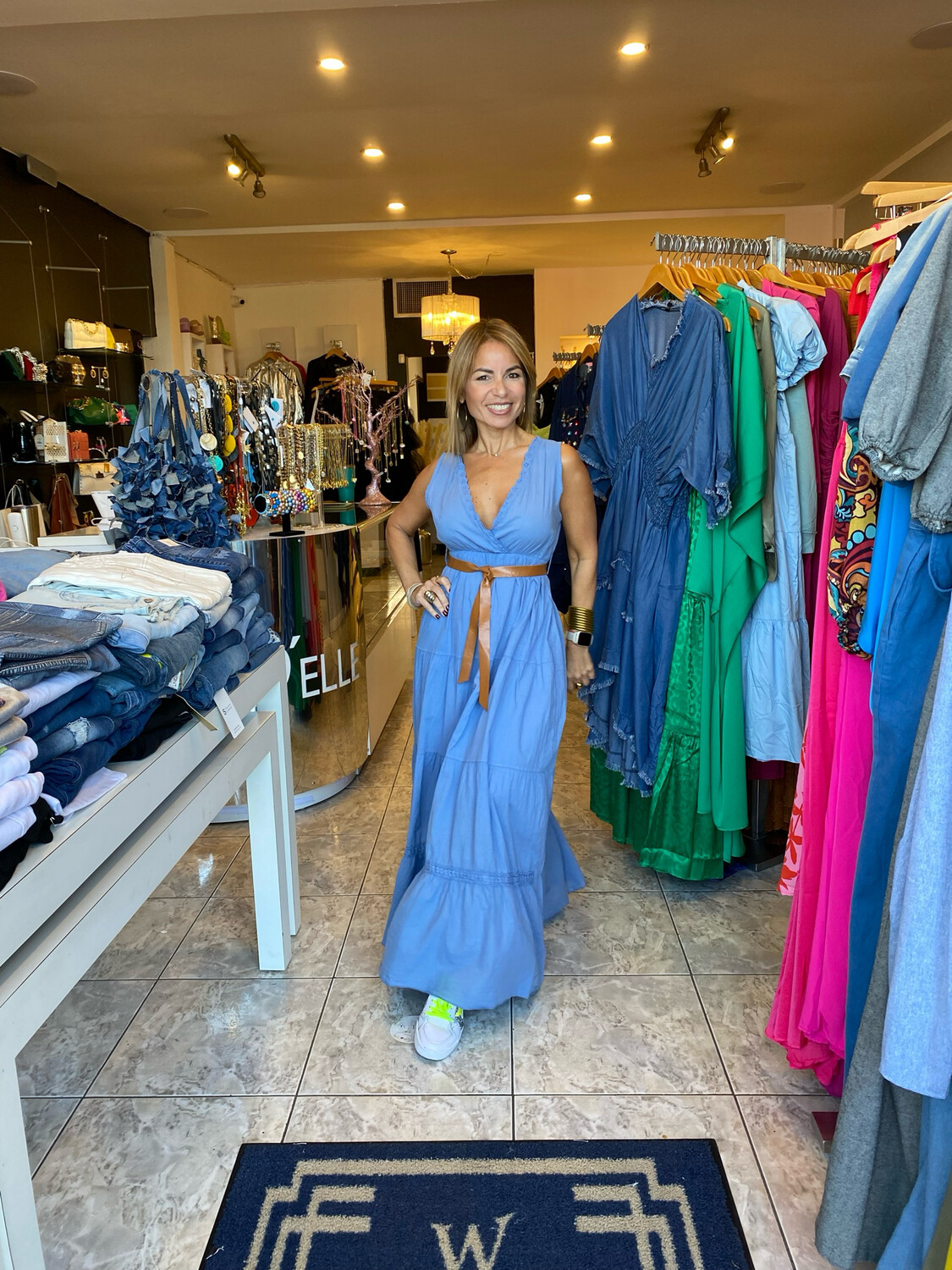 Denim Blue Eyelet V-Neck Sleeveless Cotton Tiered Flowy Maxi Dress