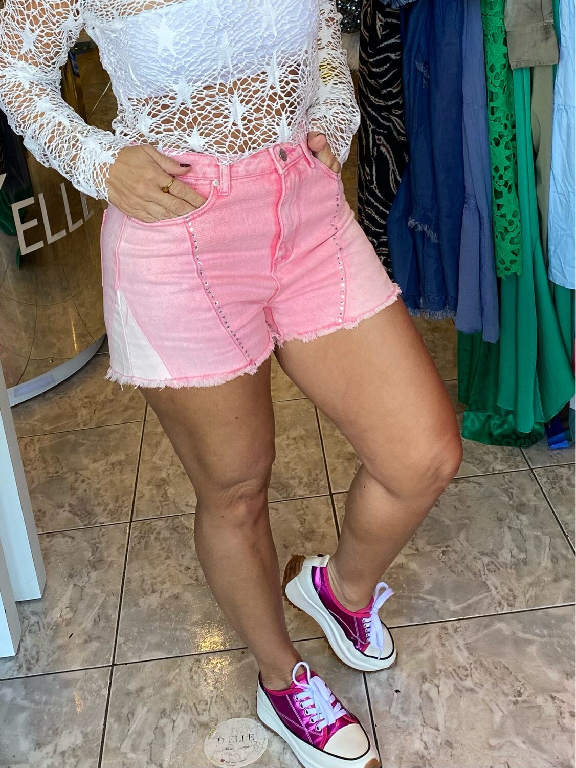 Pink Twill Washed Colorblock Studded Shorts
