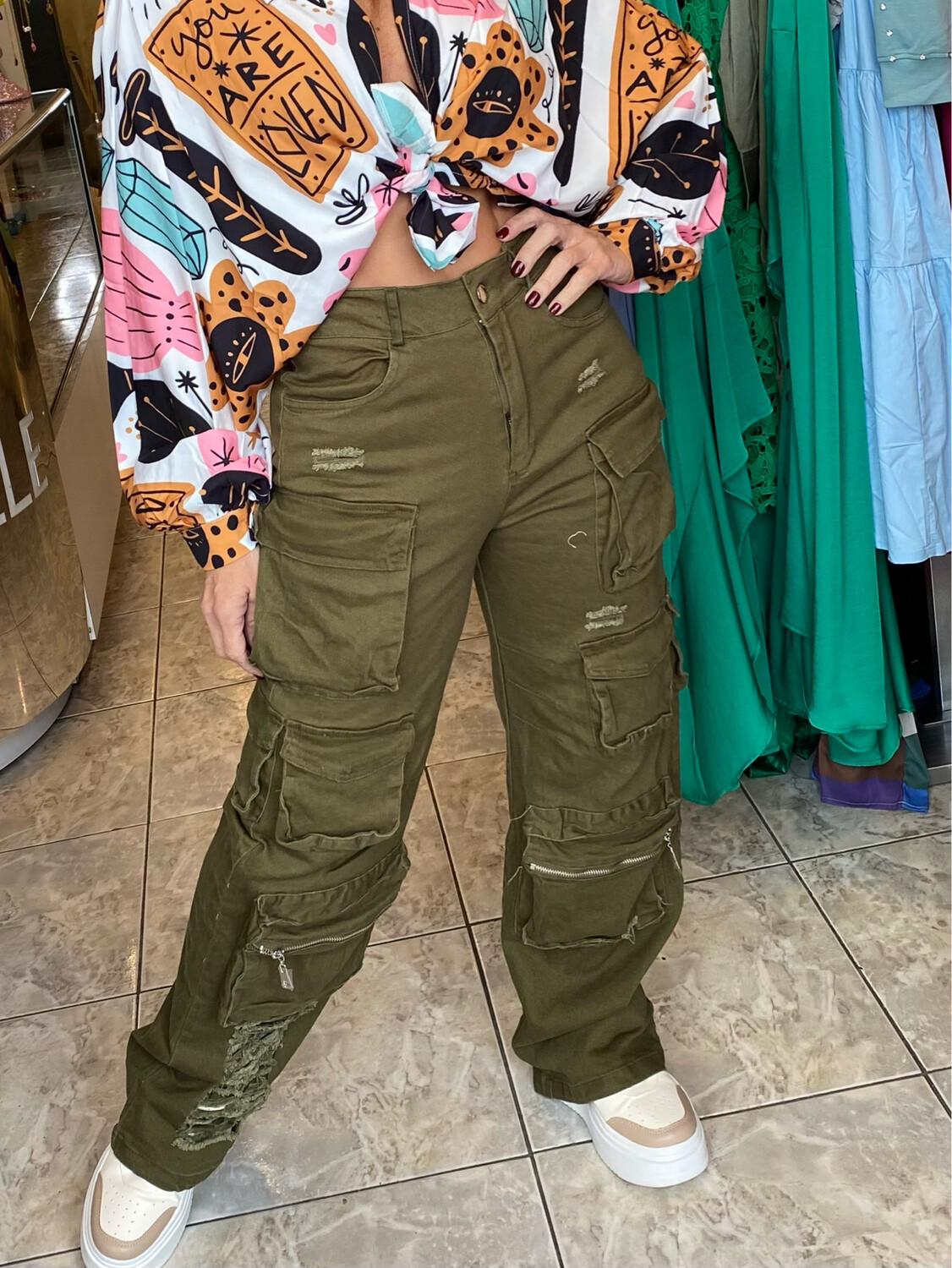 Olive Or White Distress Flare Cargo Pants
