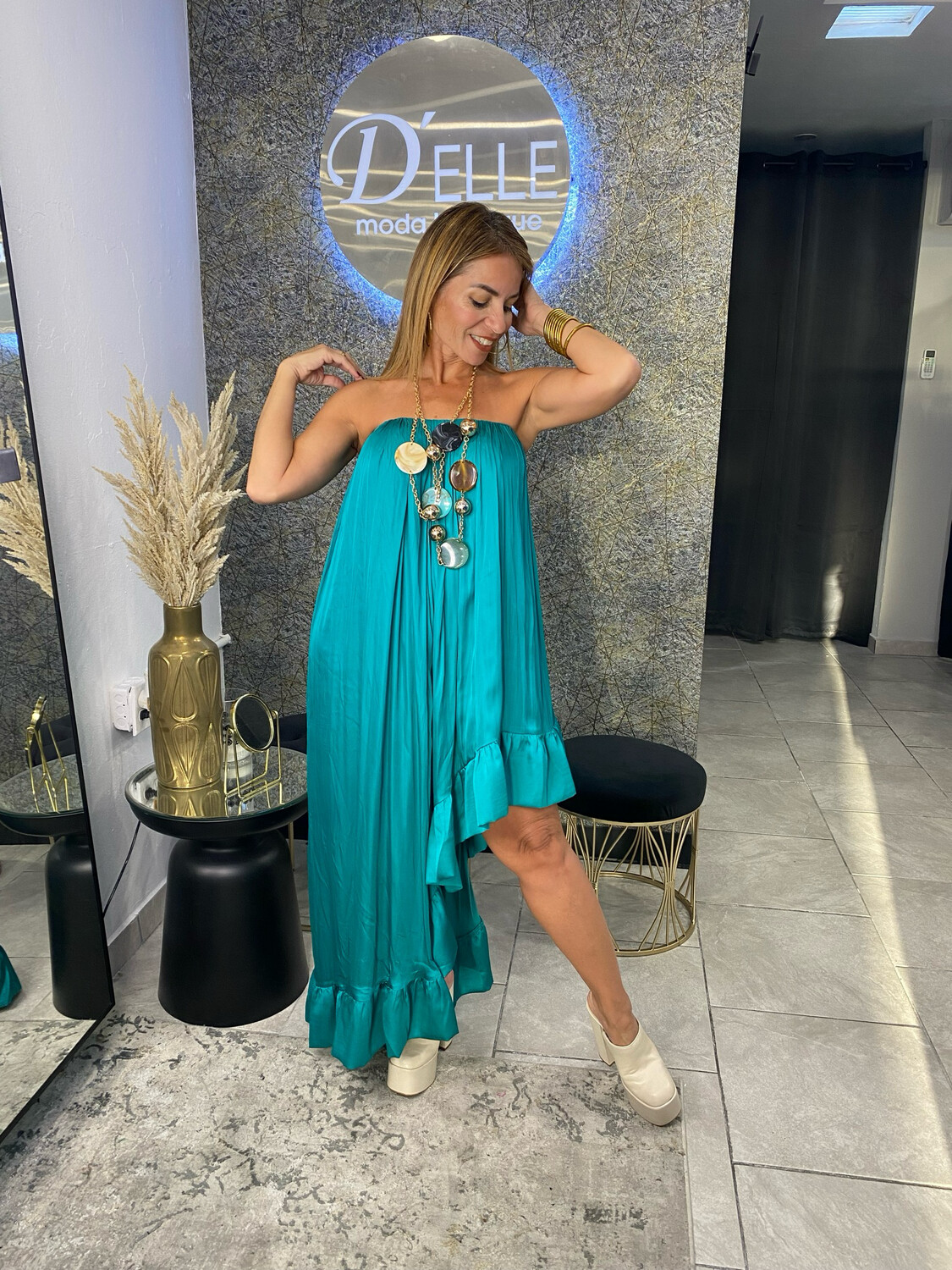 Verdigris Strapless Shirred High Low Satin Dress