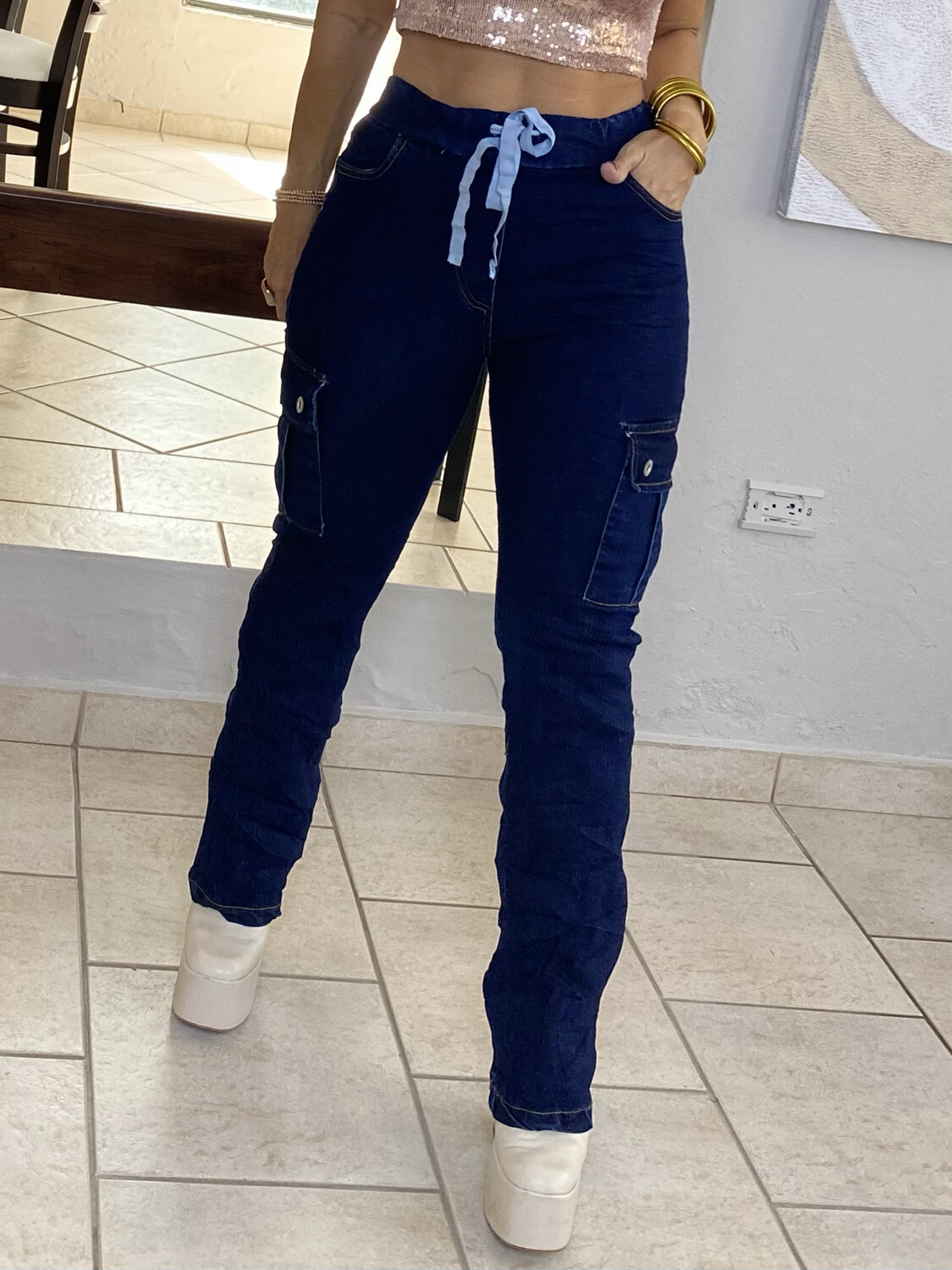 Dark Denim Blue Crinkle Straight Leg Cargo Jean