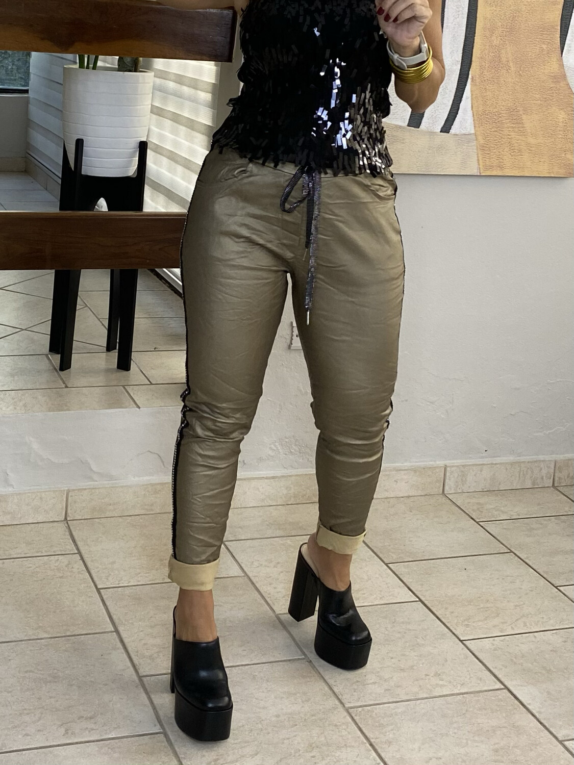 Gold Or Silver Pu Crinkle Jogger With Flat Stud Side Stripe Shimmer Drawstring