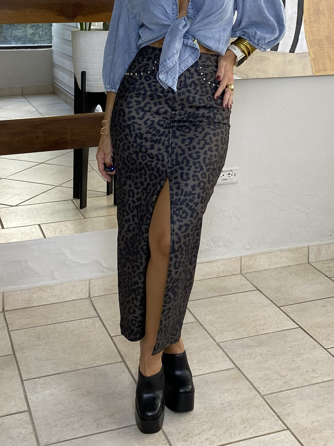 Leopard Pleather Studs Midi Skirt.