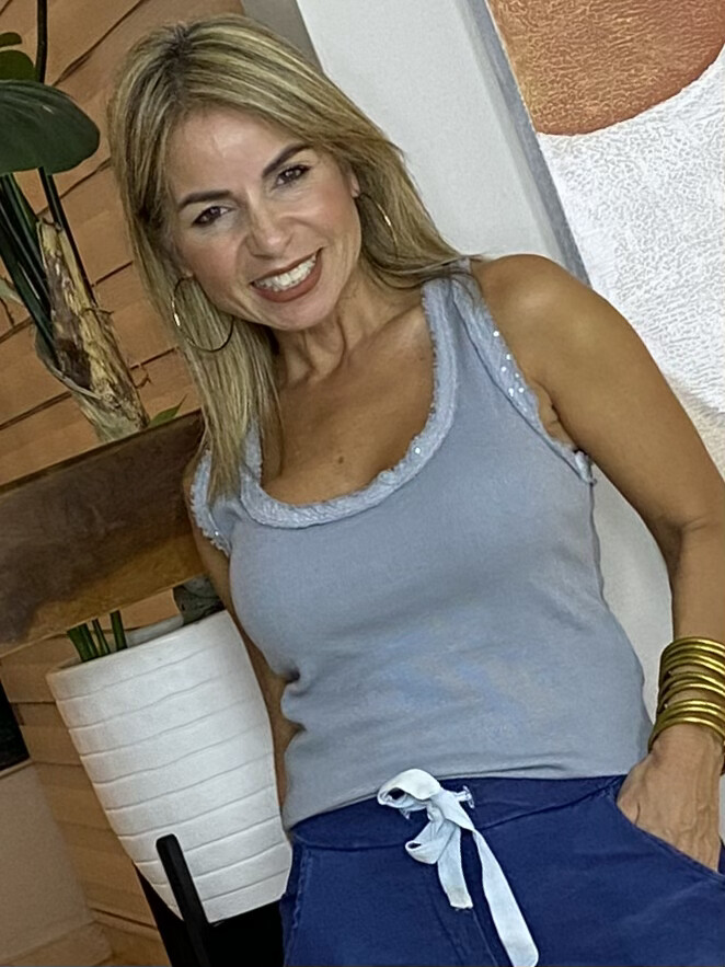 Steel Grey Rib Tank Top With Fringe Seam &amp; Clear Sequin Contrast