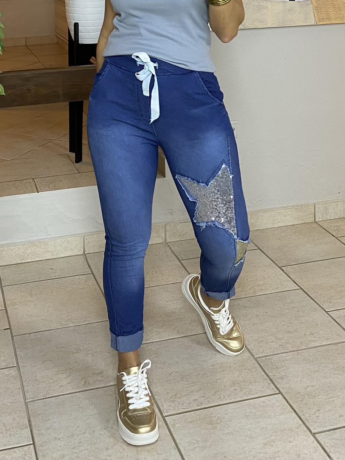 Denim Blue Sequin Star Drawstring Crinkle Jogger