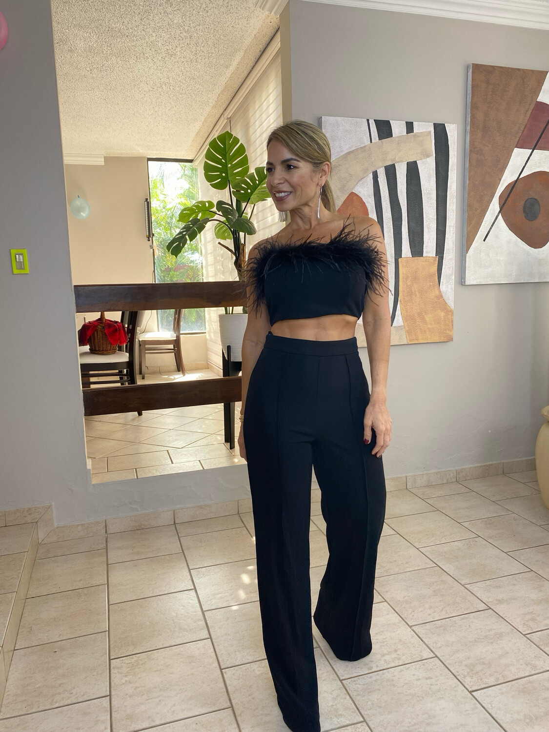 Black Feathers Strapless Crop Top &amp; Pants Set