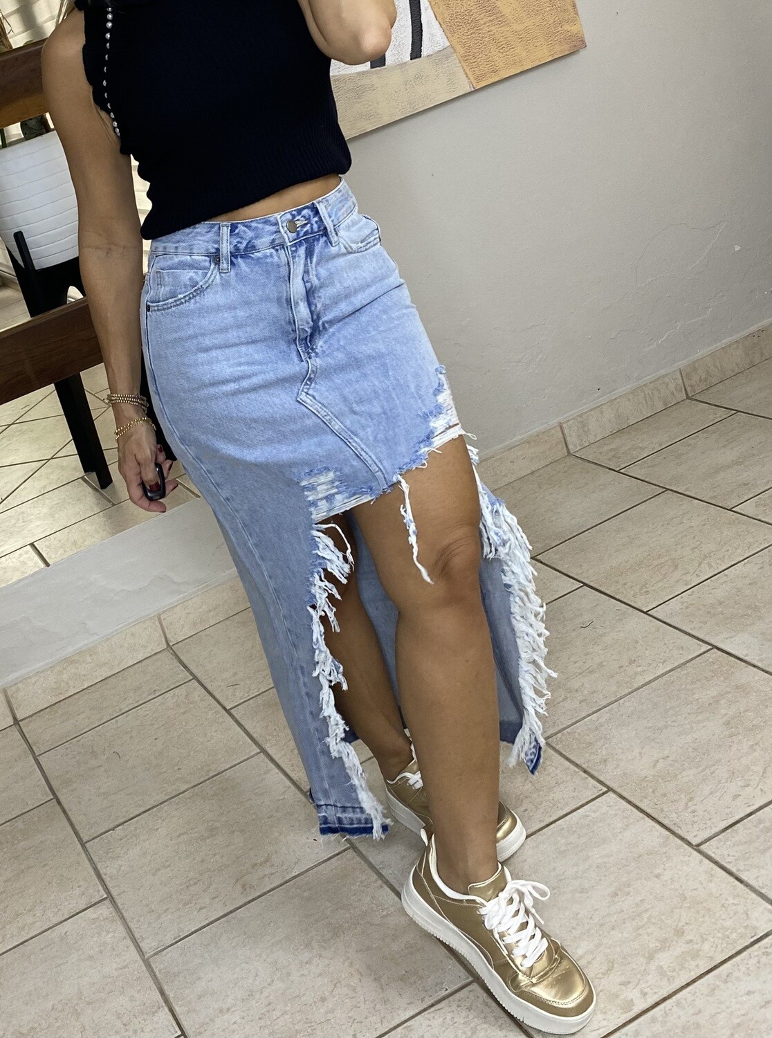 Light Wash Distress Maxi Skirt