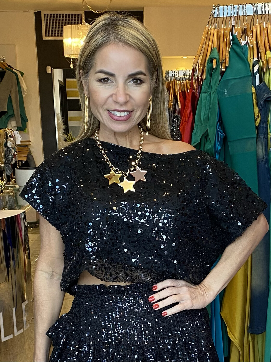 Black Or Red Boat Neck Pearl Sequin Top