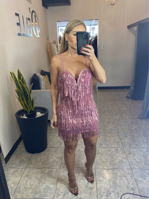 Pink Or Silver Sequins Fringe Mini Dress