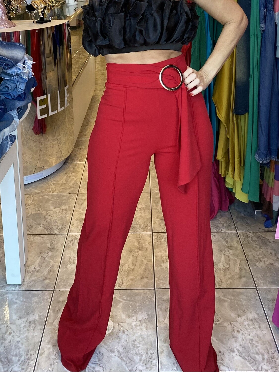 Red buckle belt wide leg pants