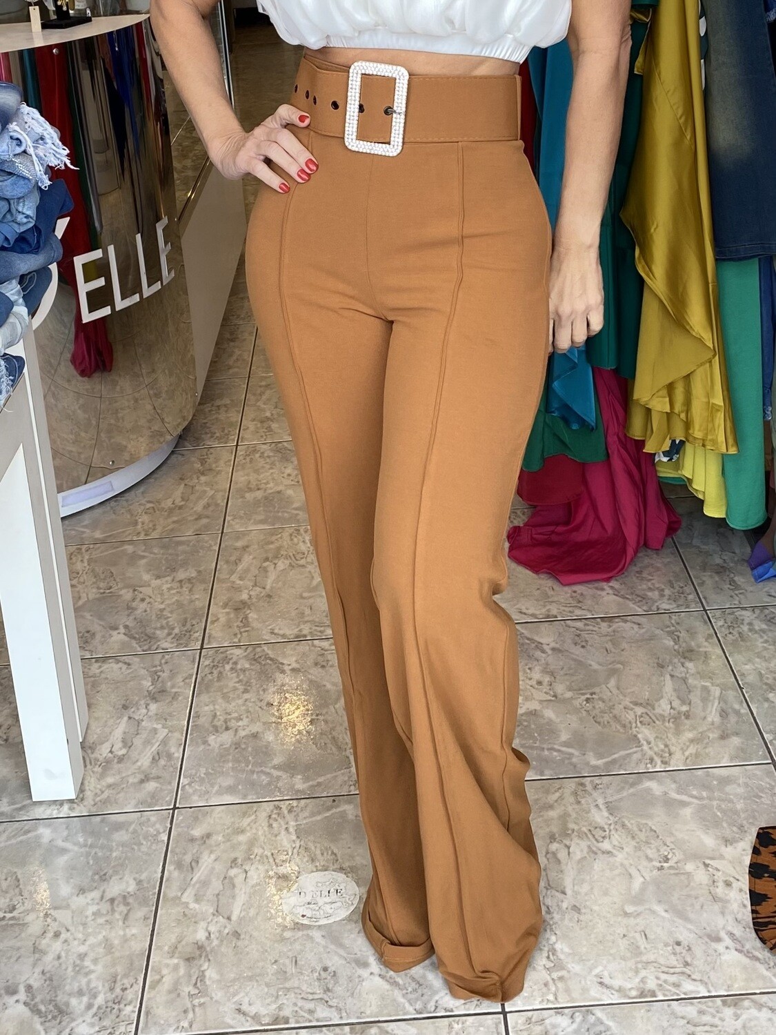 Cognac Rhinestones Belt Wide Leg Pants