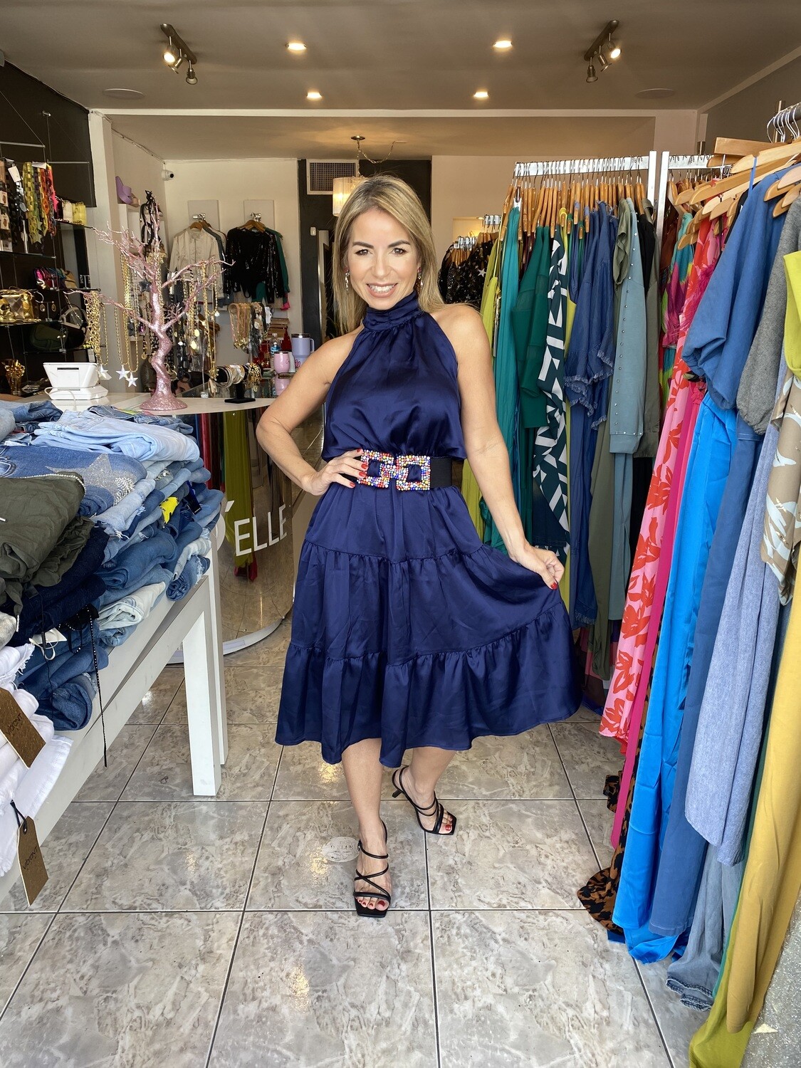Navy Mock Neck Satin Dress