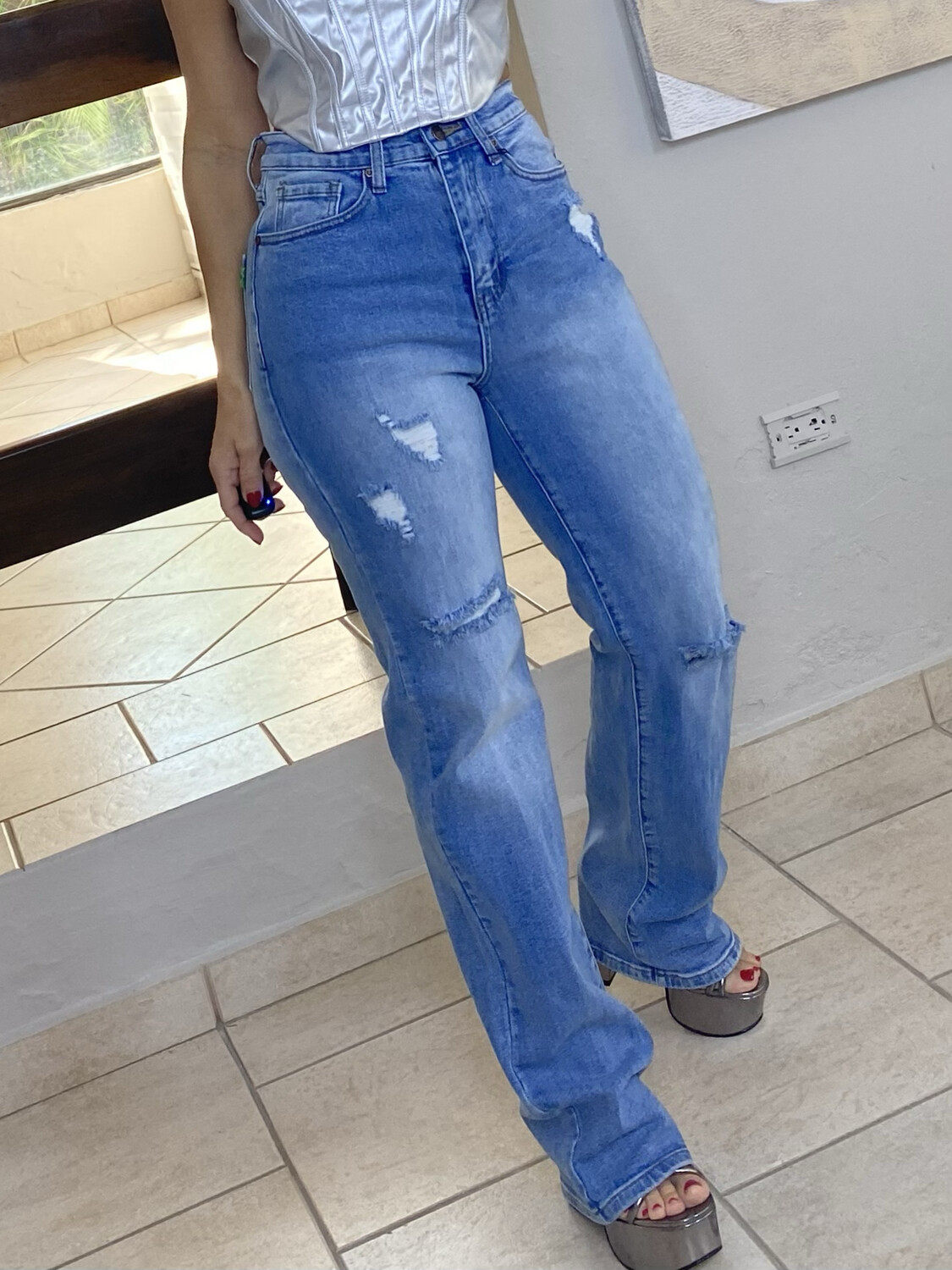 Medium  Stone Straight Leg Jeans