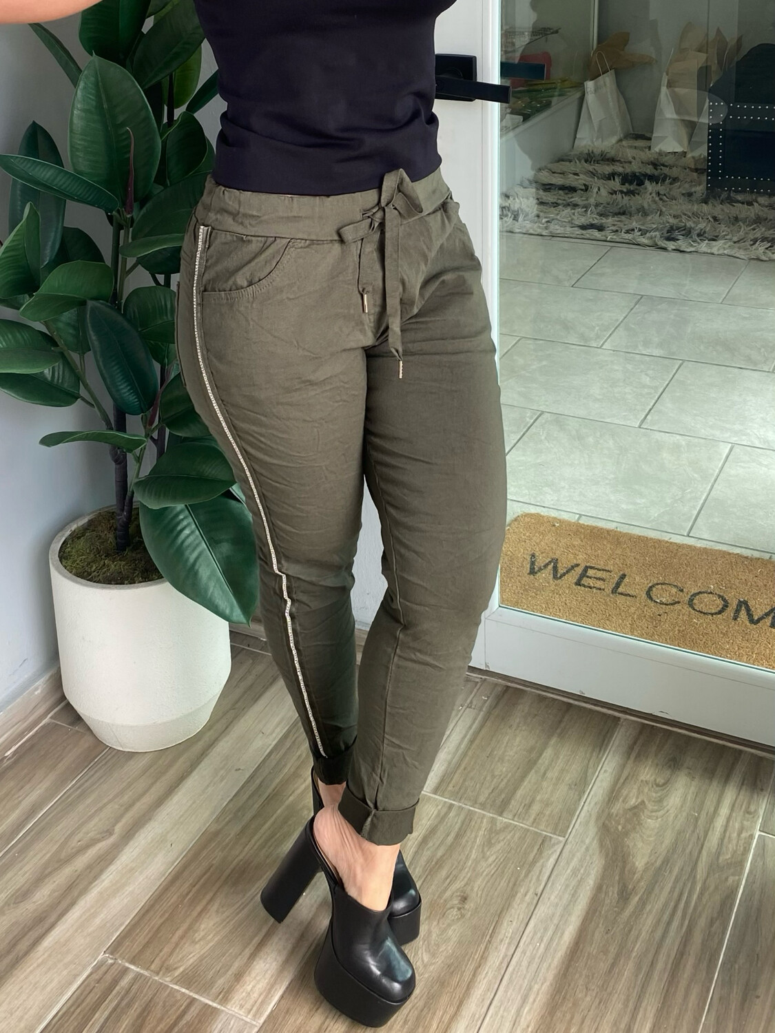 Army Green Rhinestone Side Stripe Crinkle Jogger