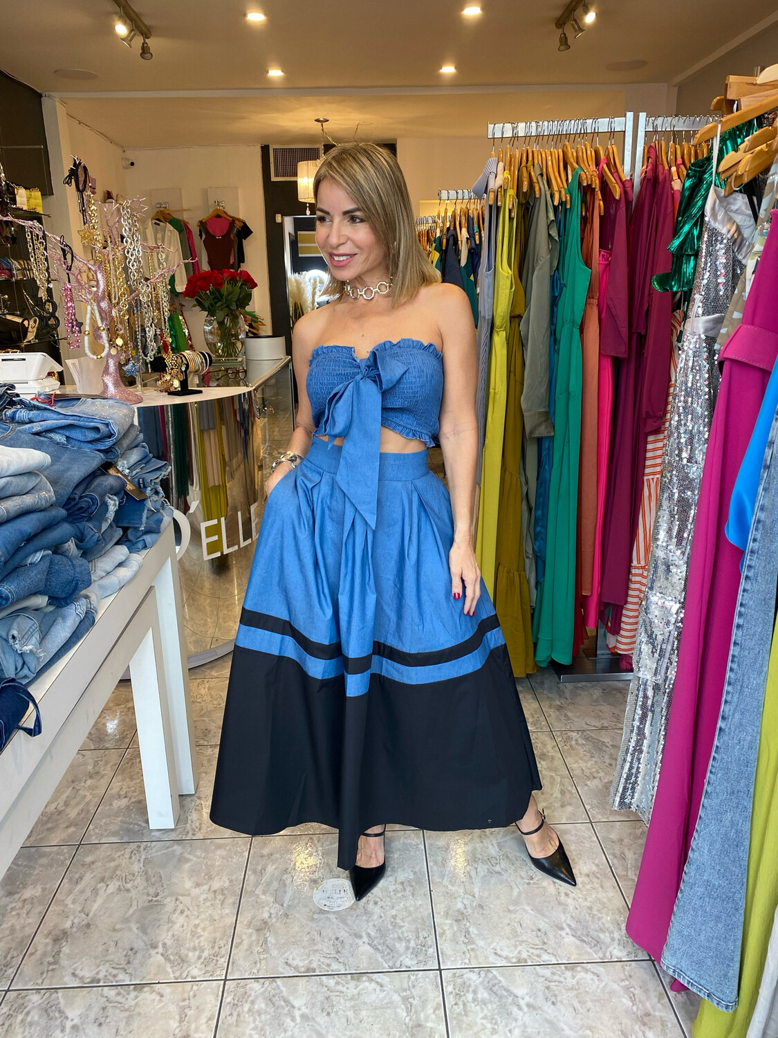 Black Smocked Top And Skirt Set