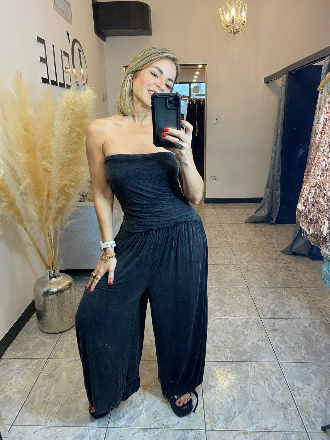 Ash Black Mineral Washed Strapless Jumpsuit
