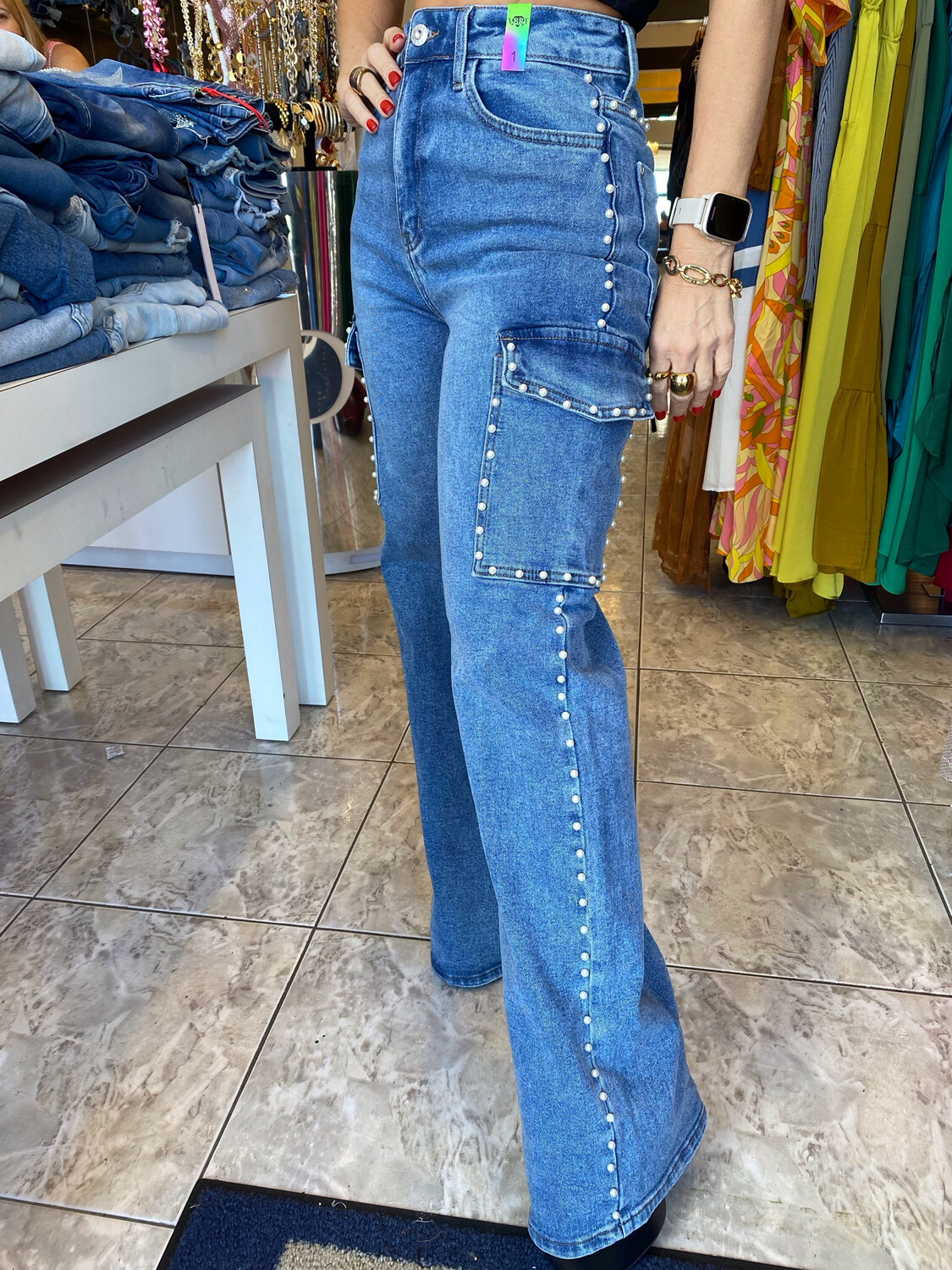 Medium Stone Pearl Detail Jeans