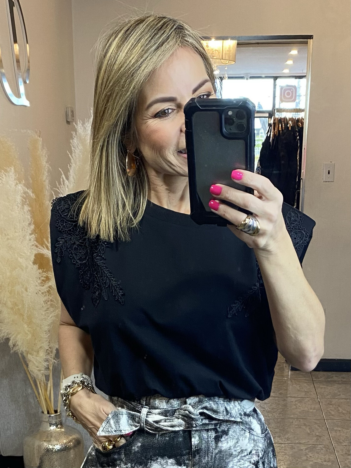 Black Lace Trim Muscle Knit Top