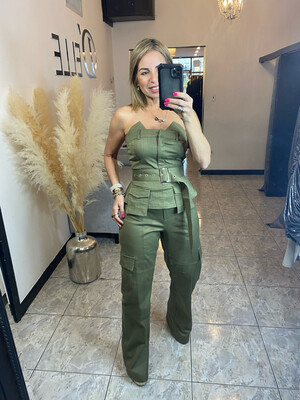 Olive Tube Top And Cargo Pants Set