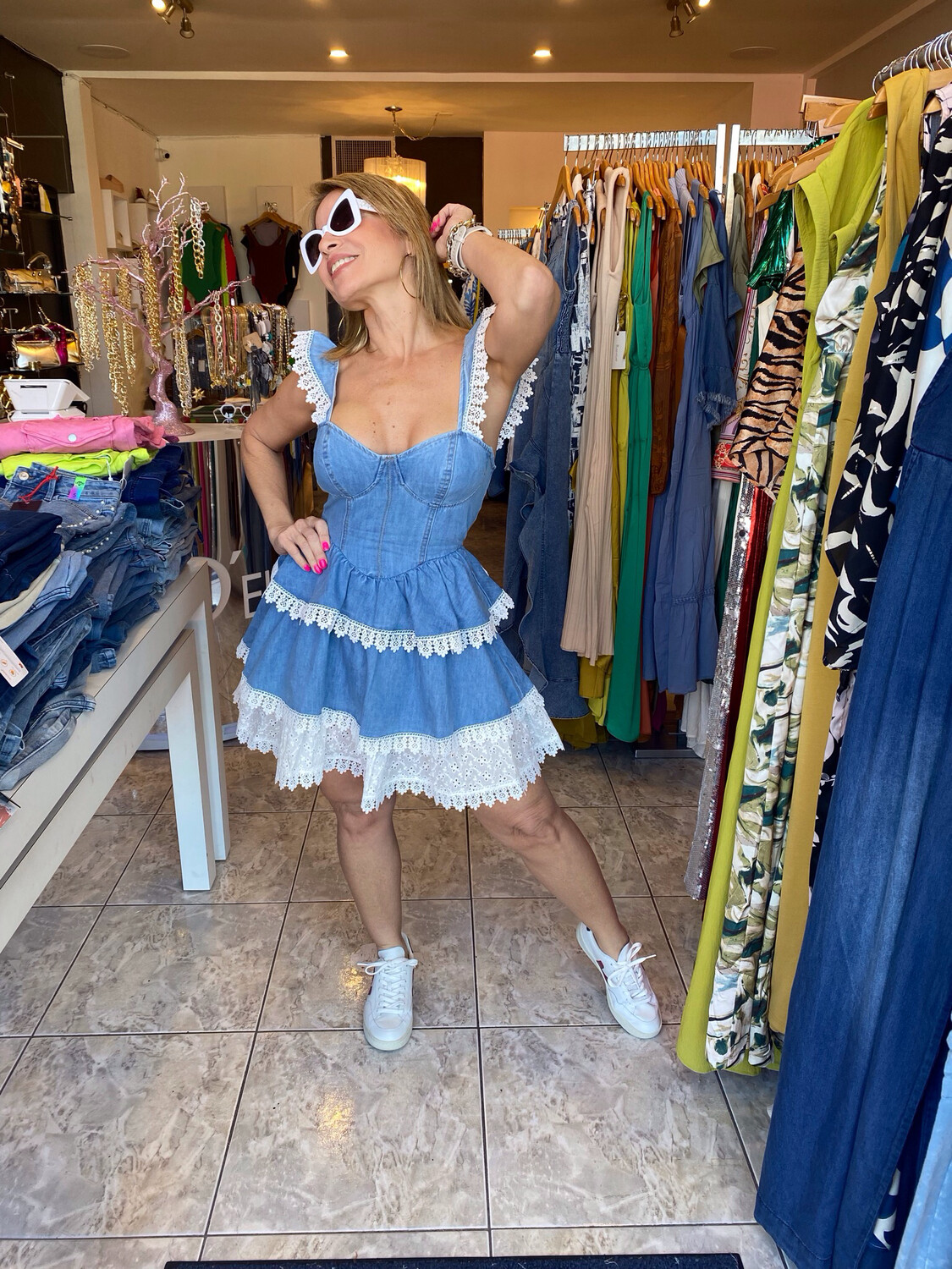 Denim Tiered Lace Trim Mini Dress