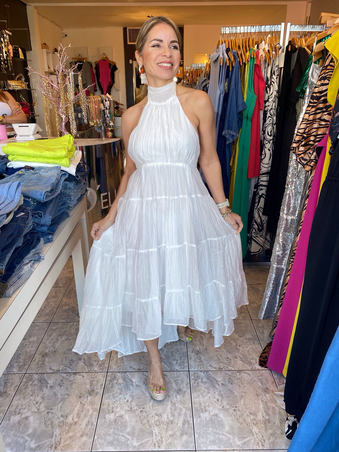 White Backless Style Halterneck Line Maxi Dress