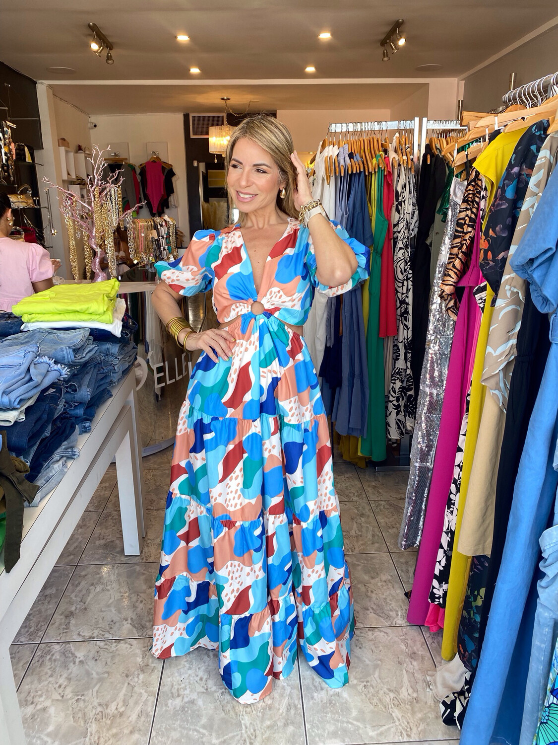 Blue/Taupe Multi Short Puff Sleeve With Maxi Dress