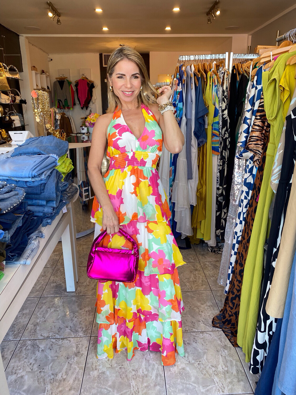 Multi Halter Neck Dress With Smocking Waist