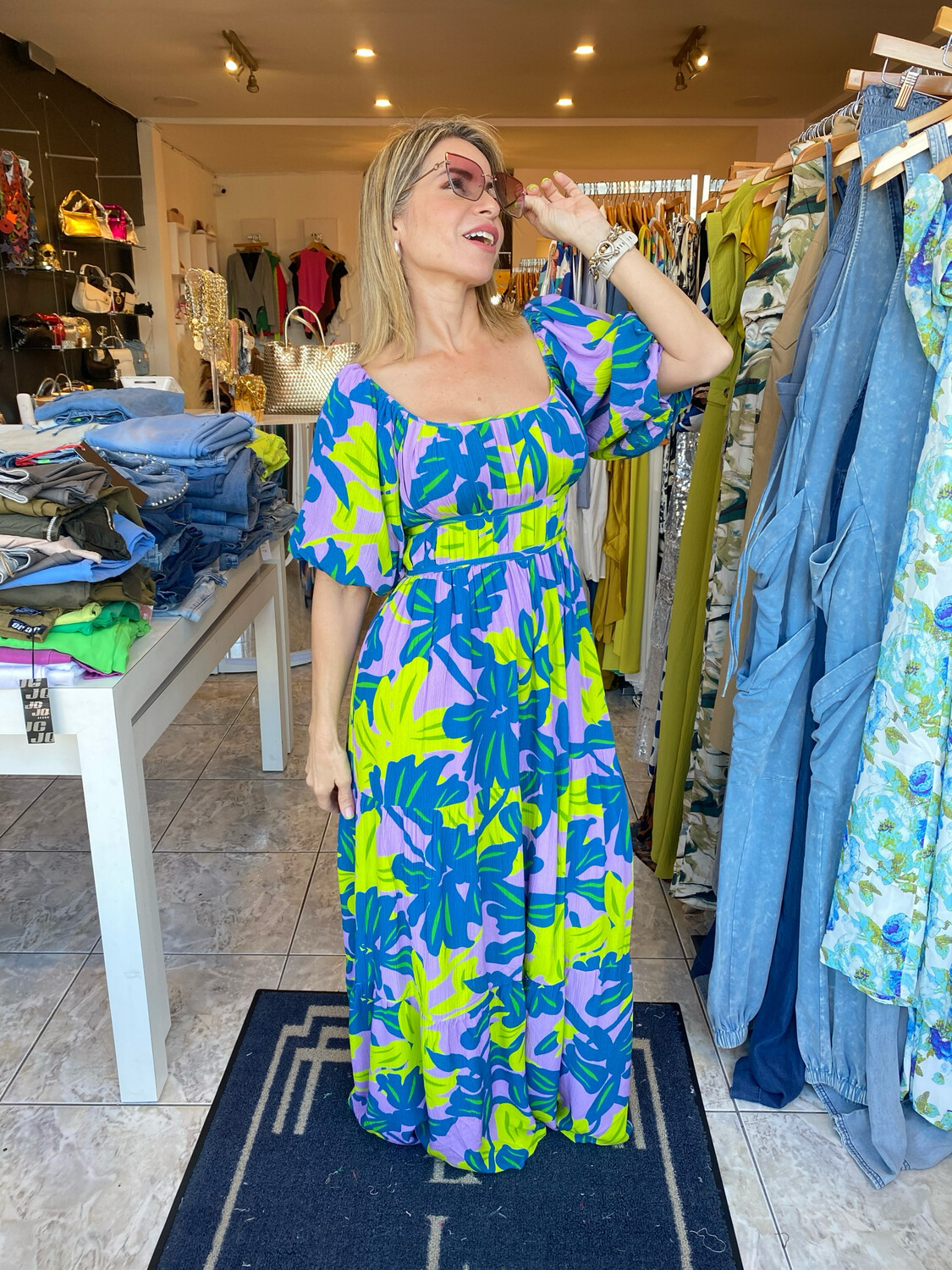 Blue/Lavander Multi Tropical Prints Pleat Detail Puff SLV Maxi Dress