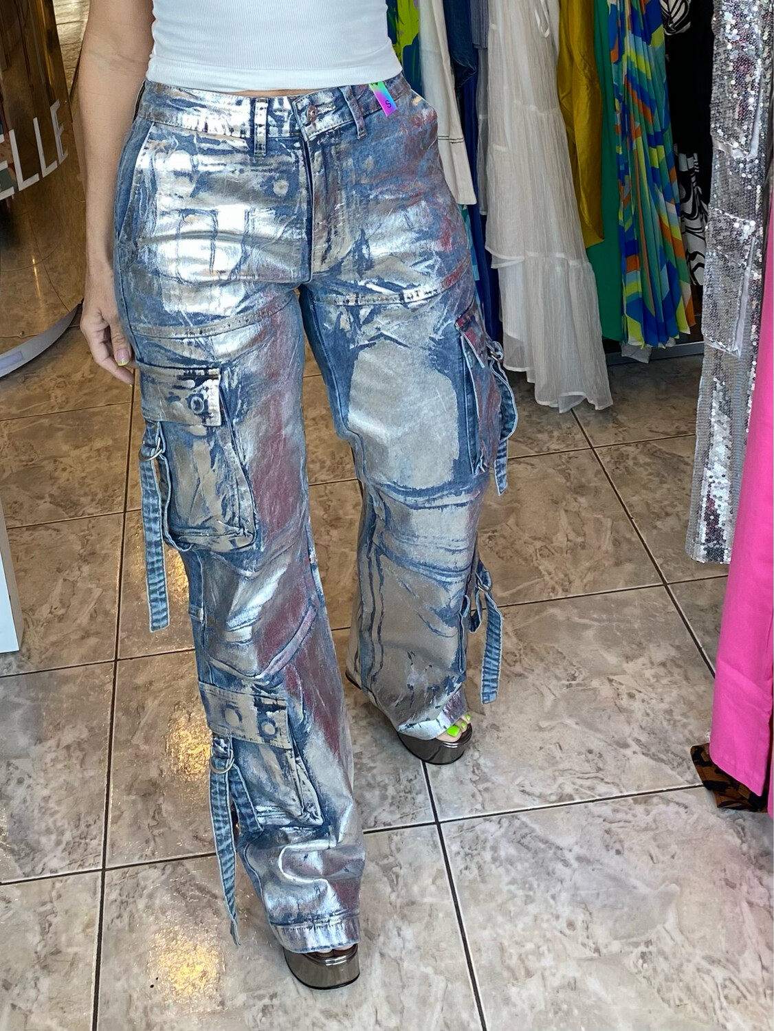 Silver Metallic White Leg Cargo Pants