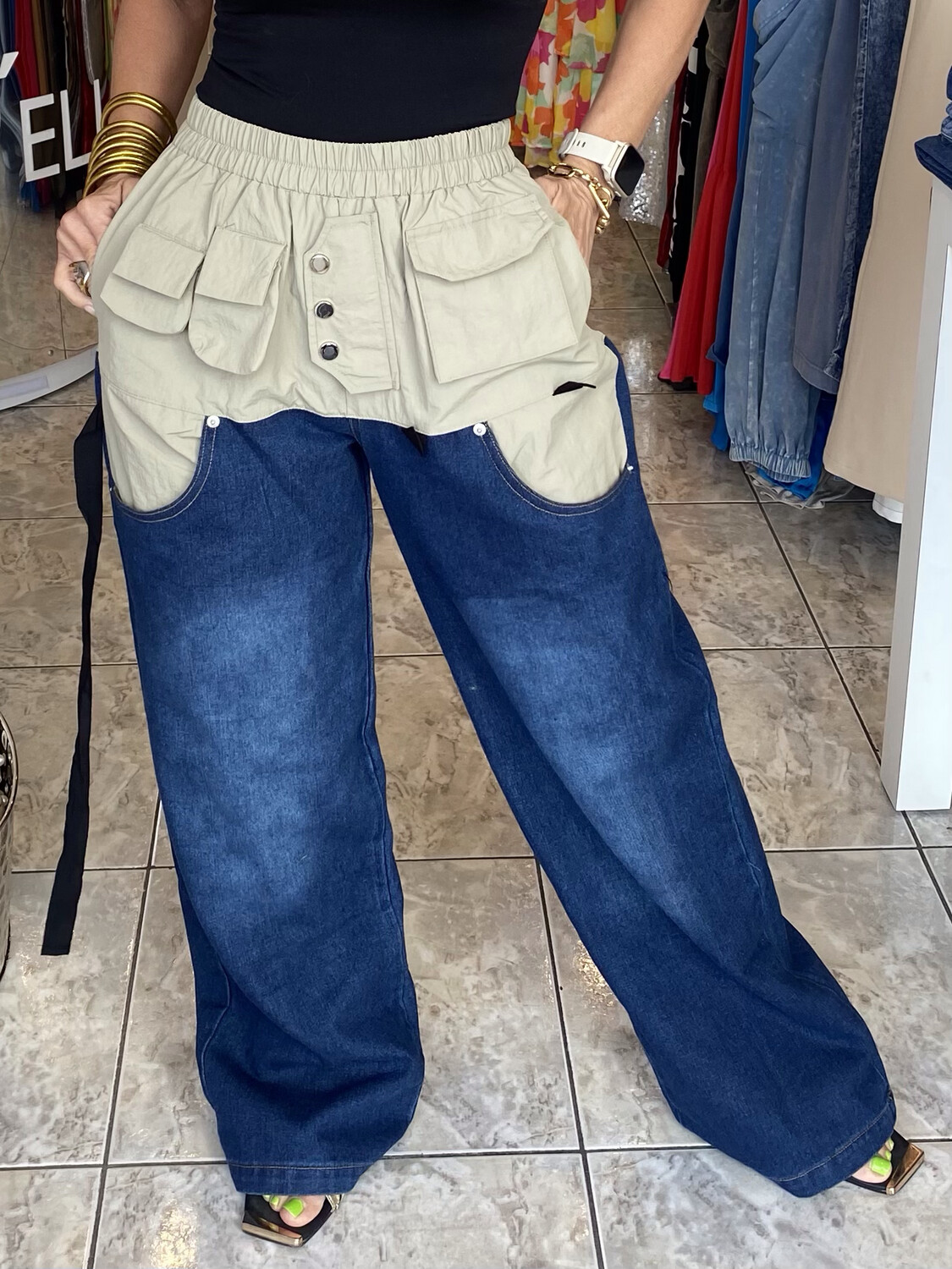 Beige or Black 2 Blocks Long Pants W/pockets