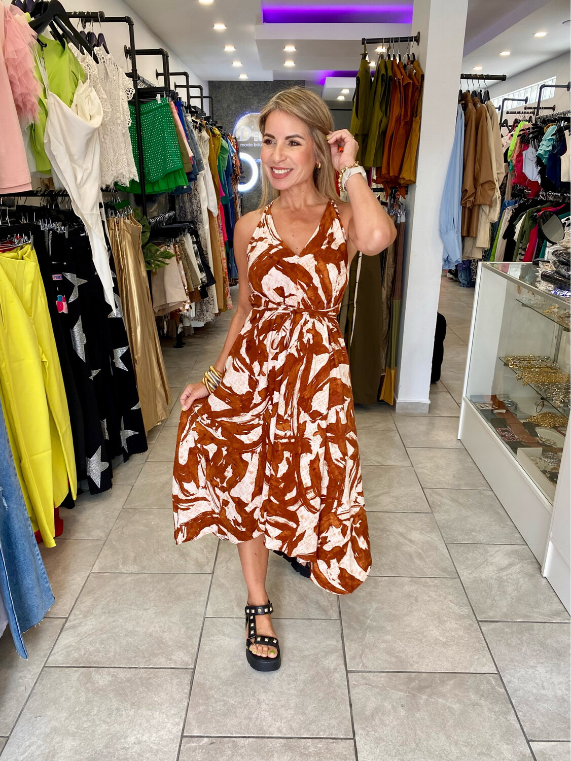 Brown/Multi V Neck Shoulder Strap Detailing Midi Dress