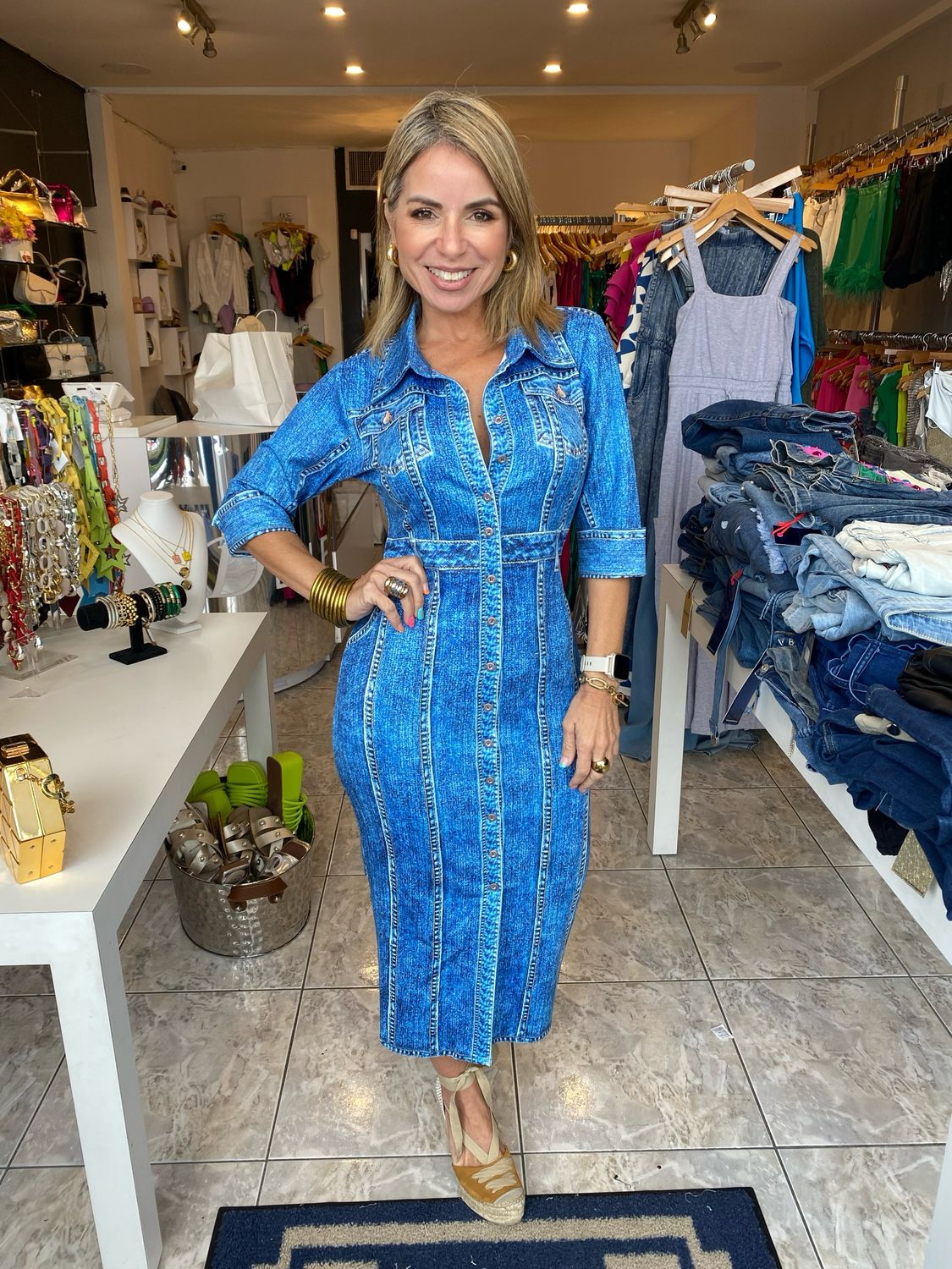 Indigo Denim Effect Button Down Short Sleeve Midi Dress
