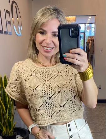 Taupe Or  Natural Crochet Pointelle Sweater Top