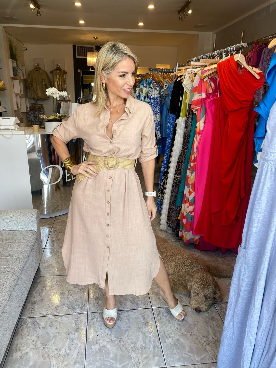 Khaki Or Blue Maxi Linen Dress With Pu Belt