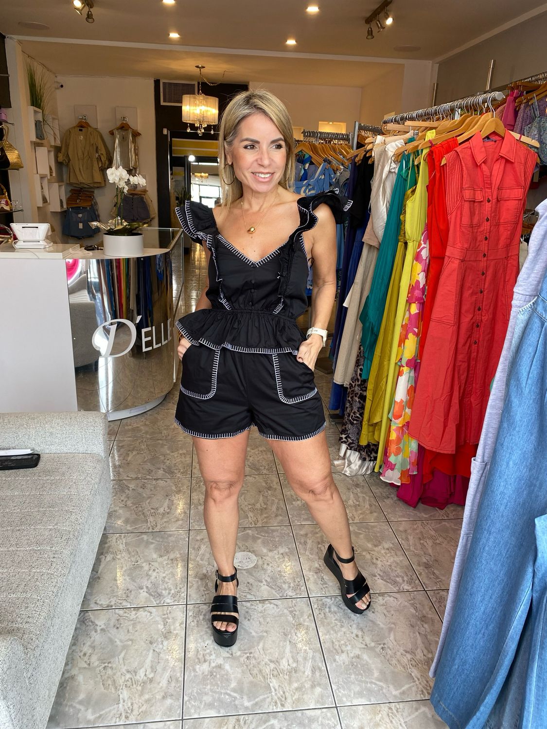 Black Contrast Detail Poplin Top And Short Set