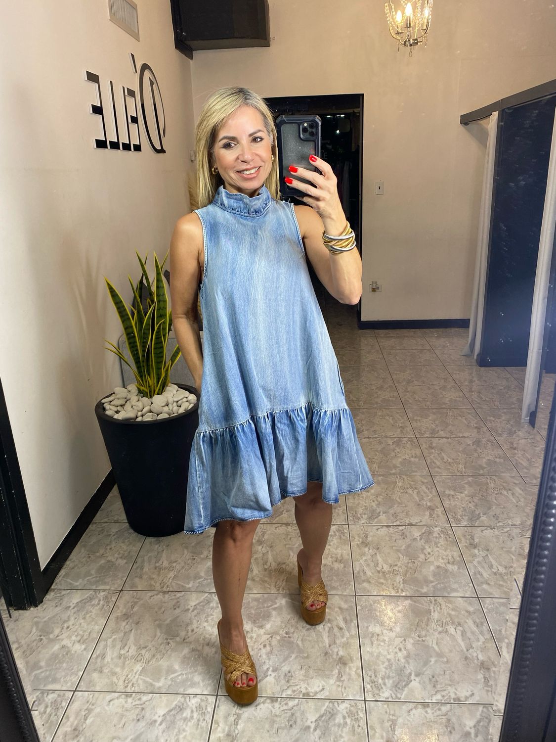 Light Denim Ruffle Neck Short Dress