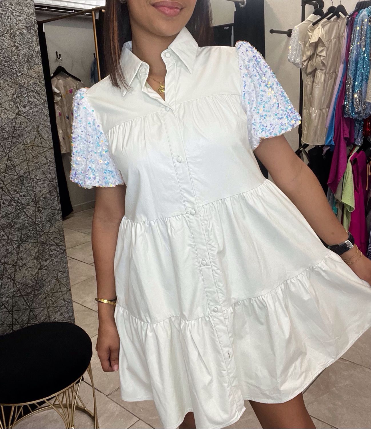 Purple Sequins Leather Buttondown Dress