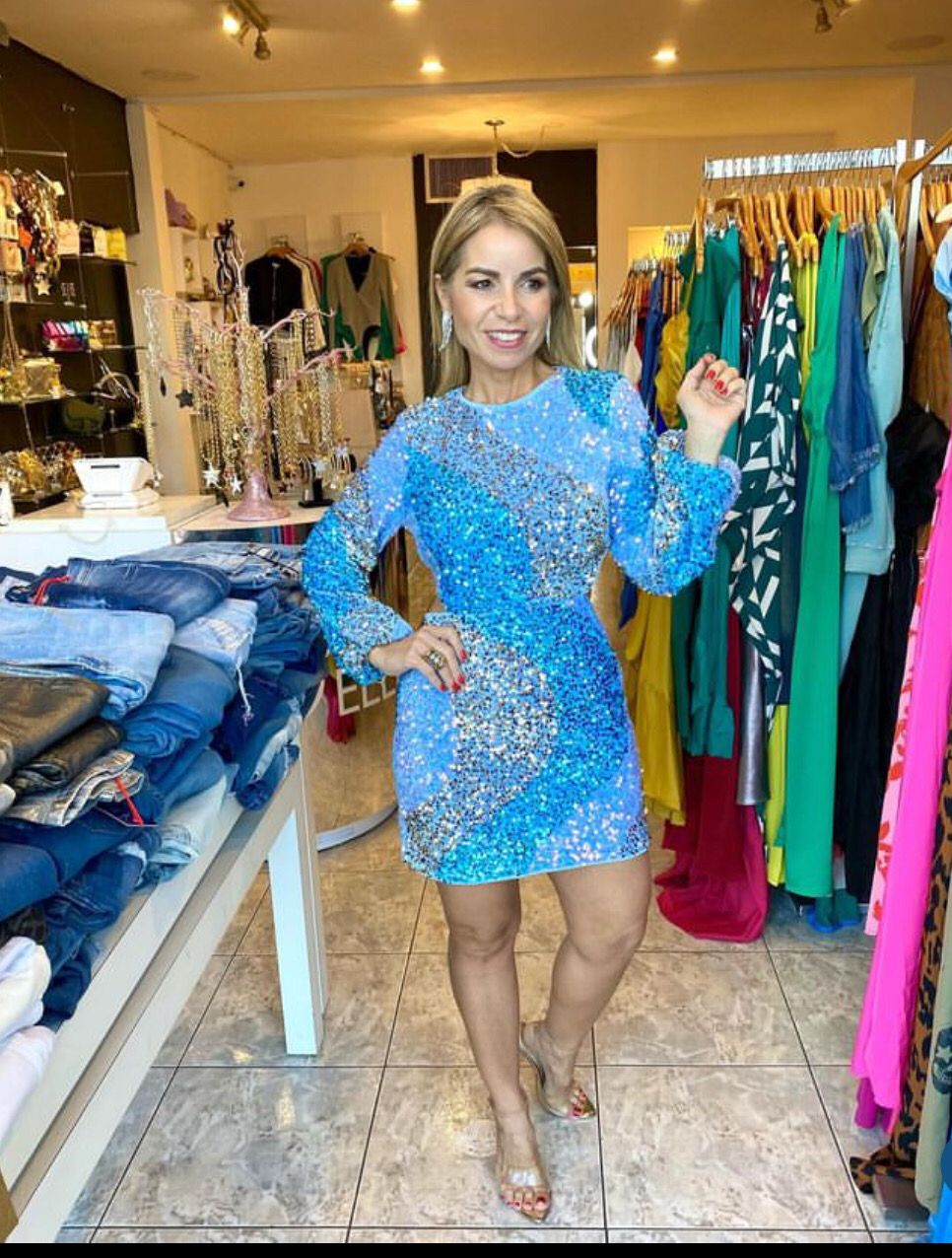 Blue multi open back sequins dress