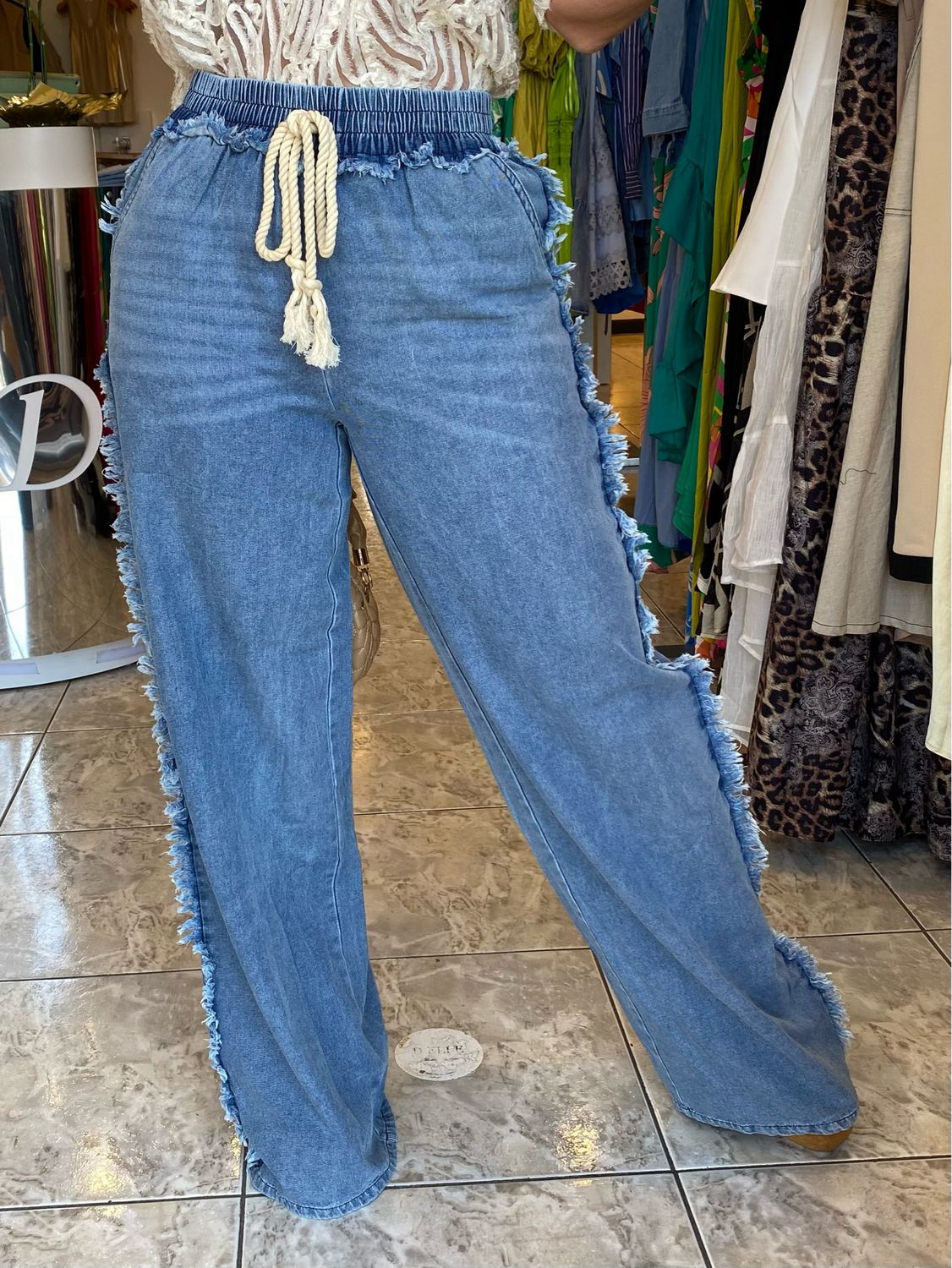 Light Denim Fringe Vintage Straight Leg