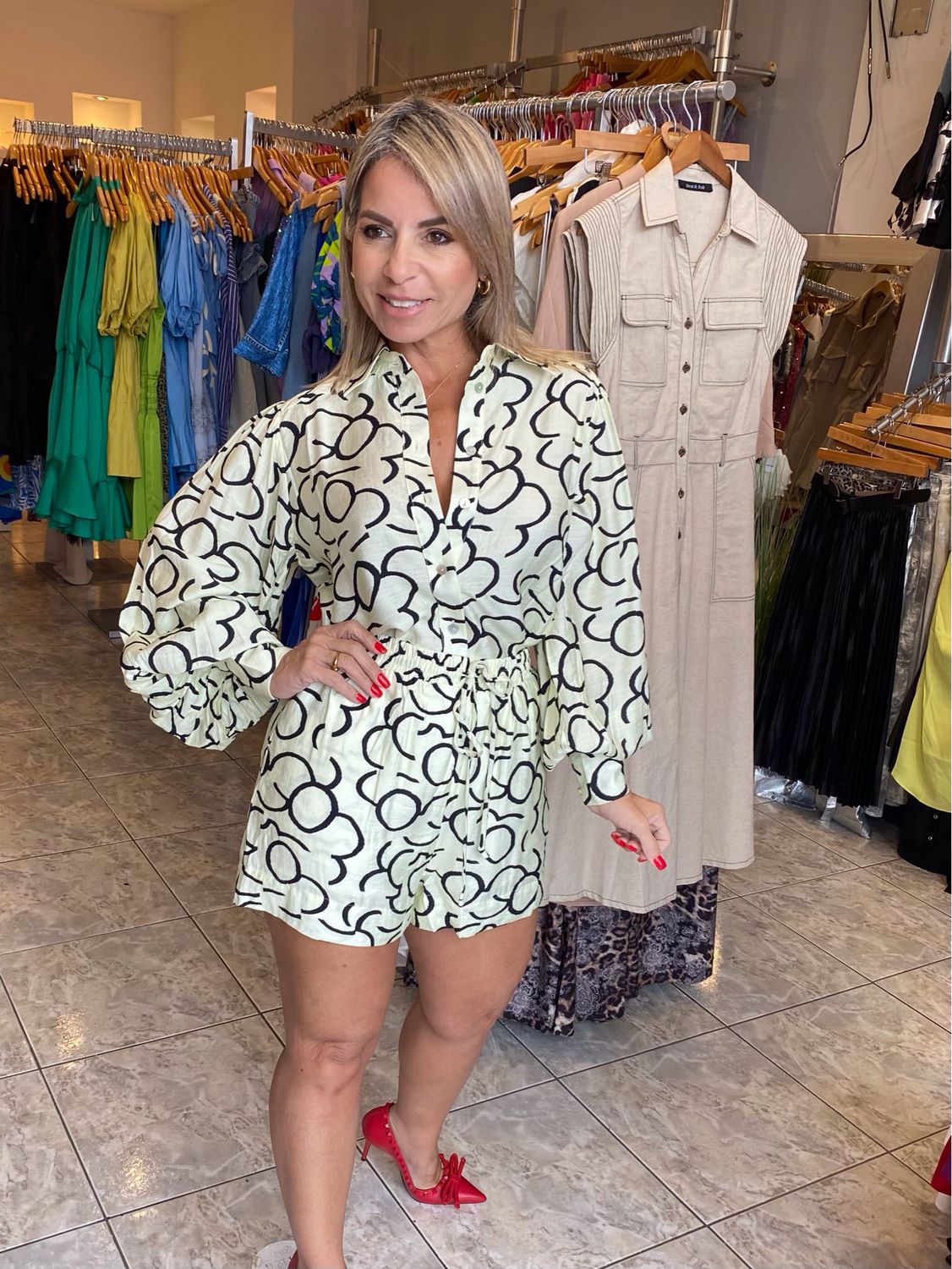 Ivory Yellow/Black Woven Abstract Shirt Set
