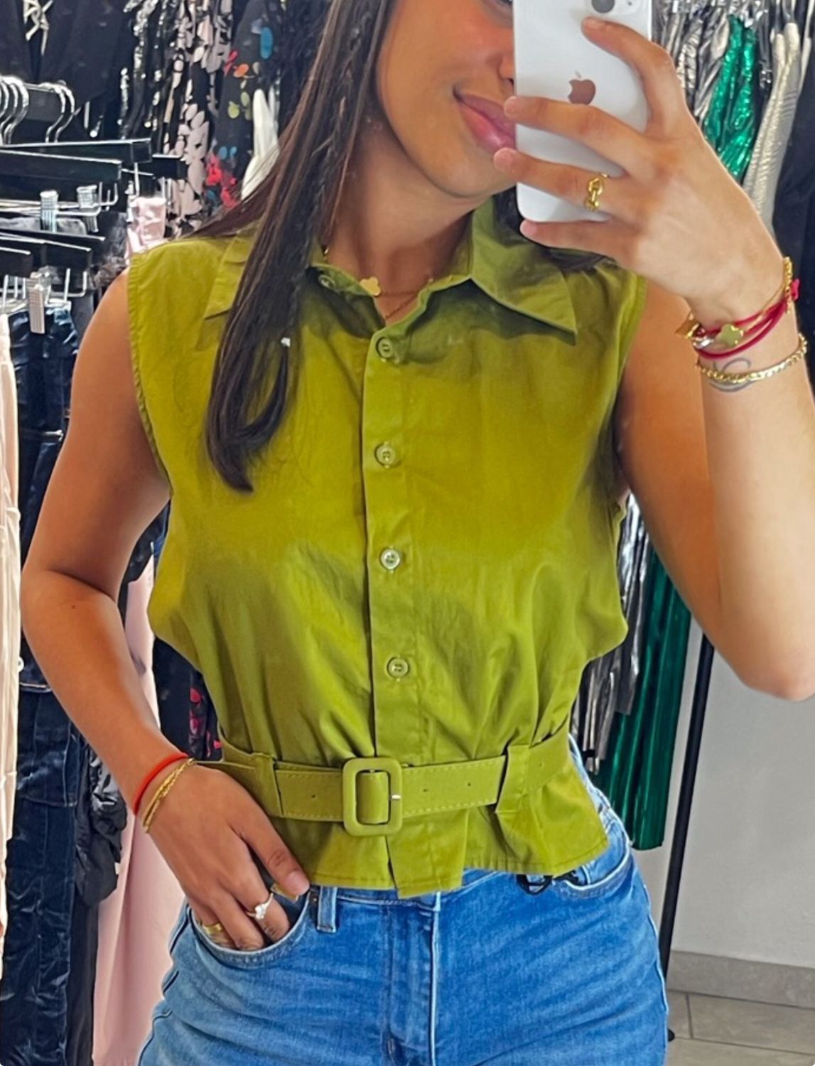 Army Green Button Front Sleeveless Blouse With Belt