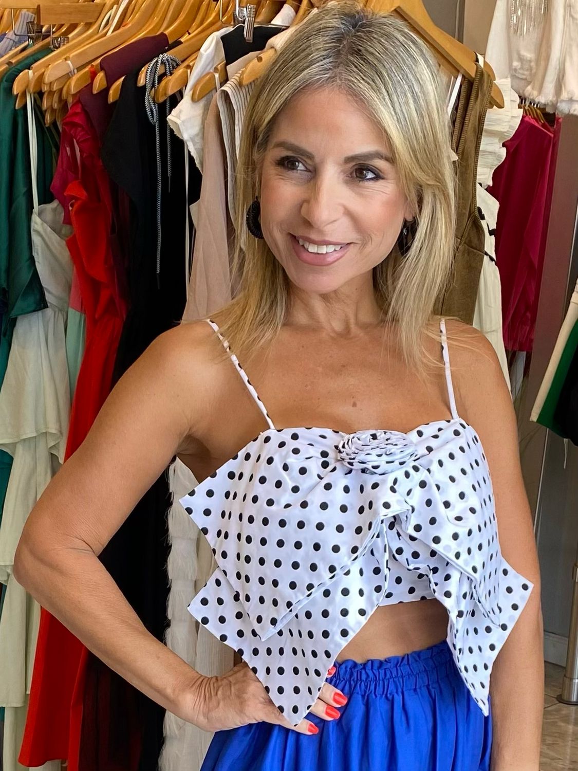 White Dotted Black Ribbon Bow Top