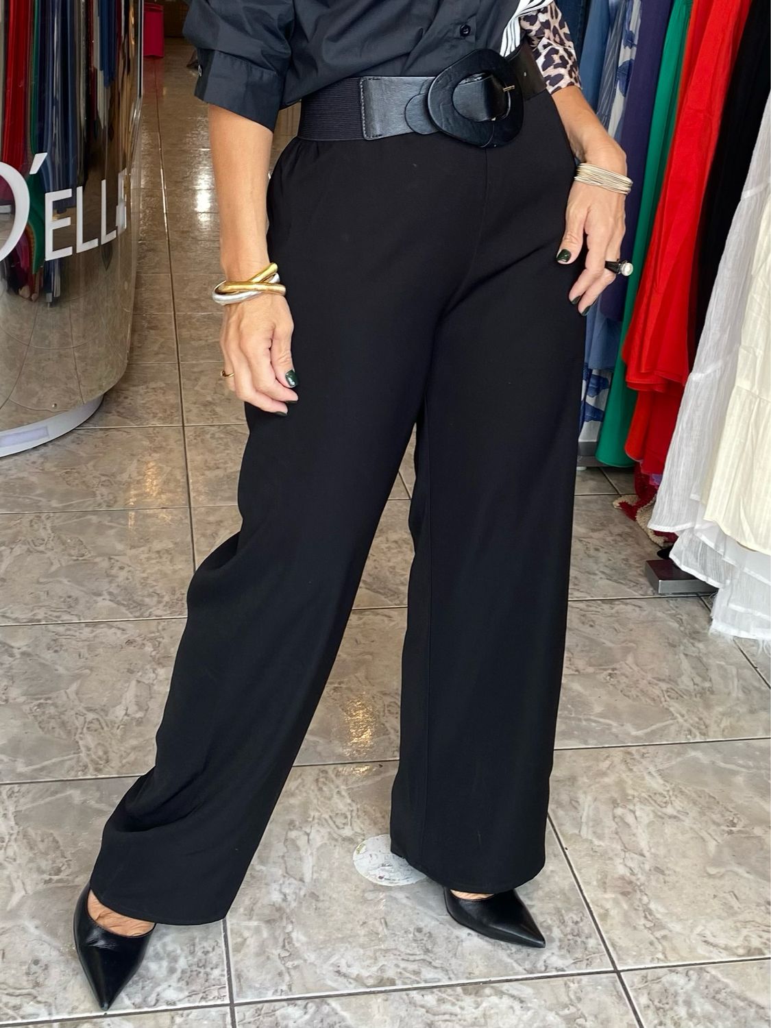 Black Solid Color Banded Waist Fit Trouser