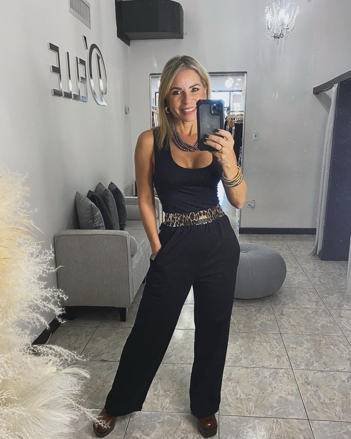 Black Or Beige Leopard Waist Band Detail Pant