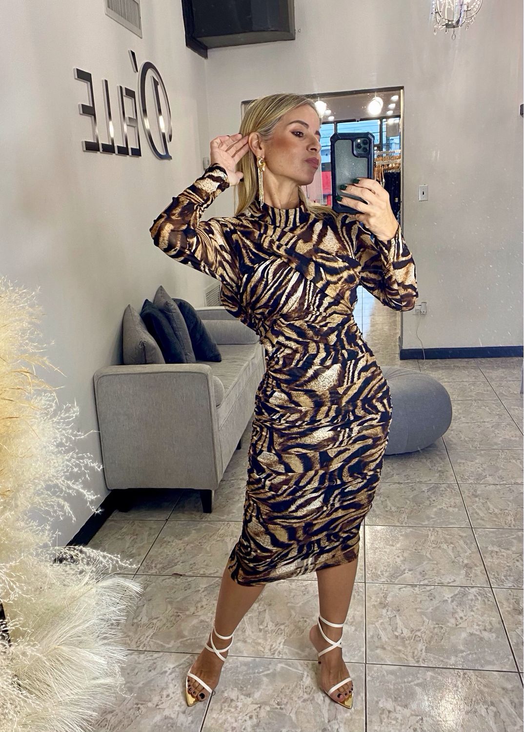 Animal Print Long Sleeve Pencil Dress
