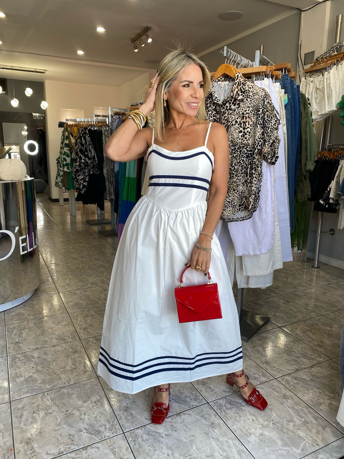 Off White/Navy Cotton Midi Dress