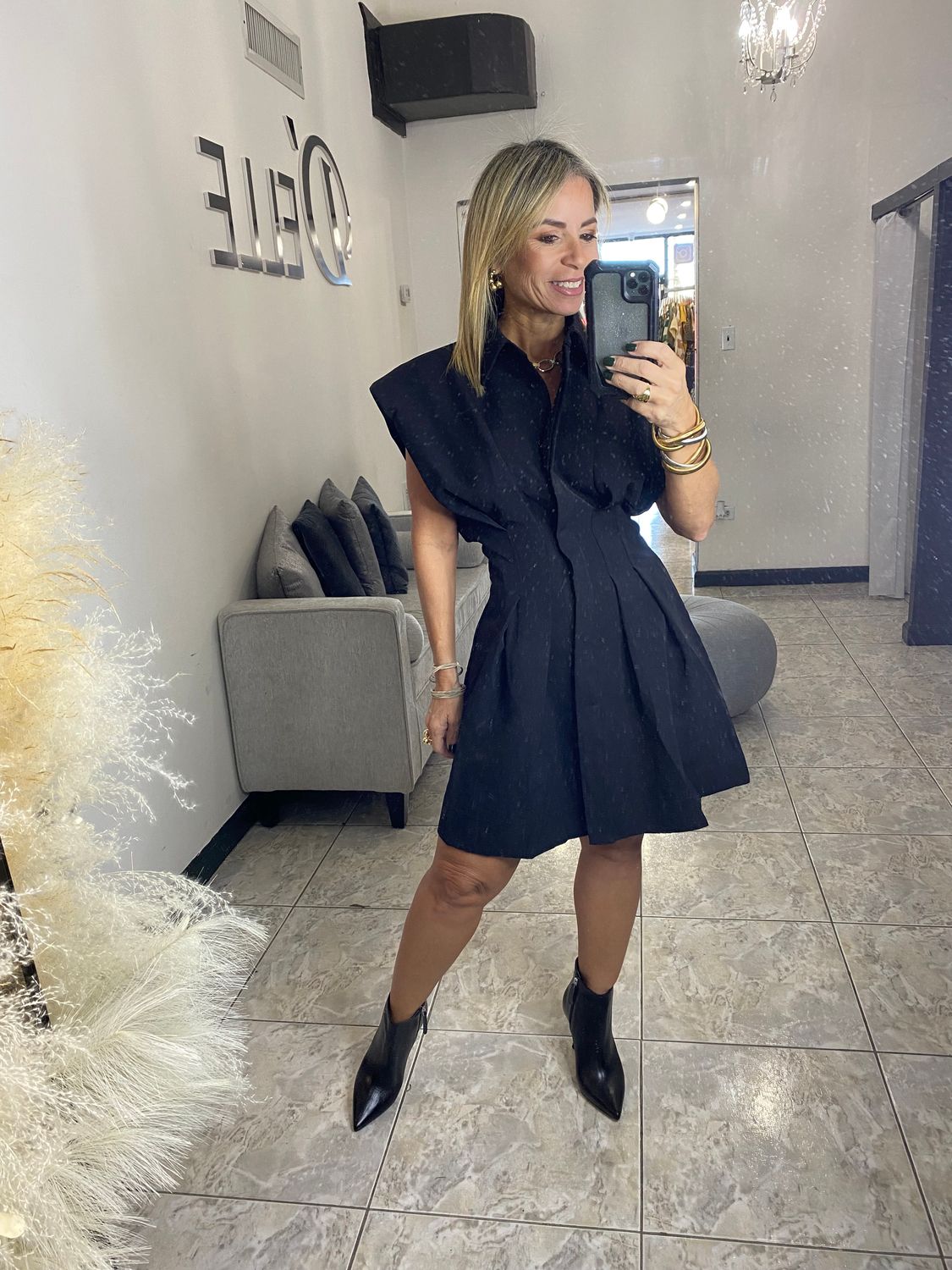 Black Or Taupe Tapered-Waist Mini Dress