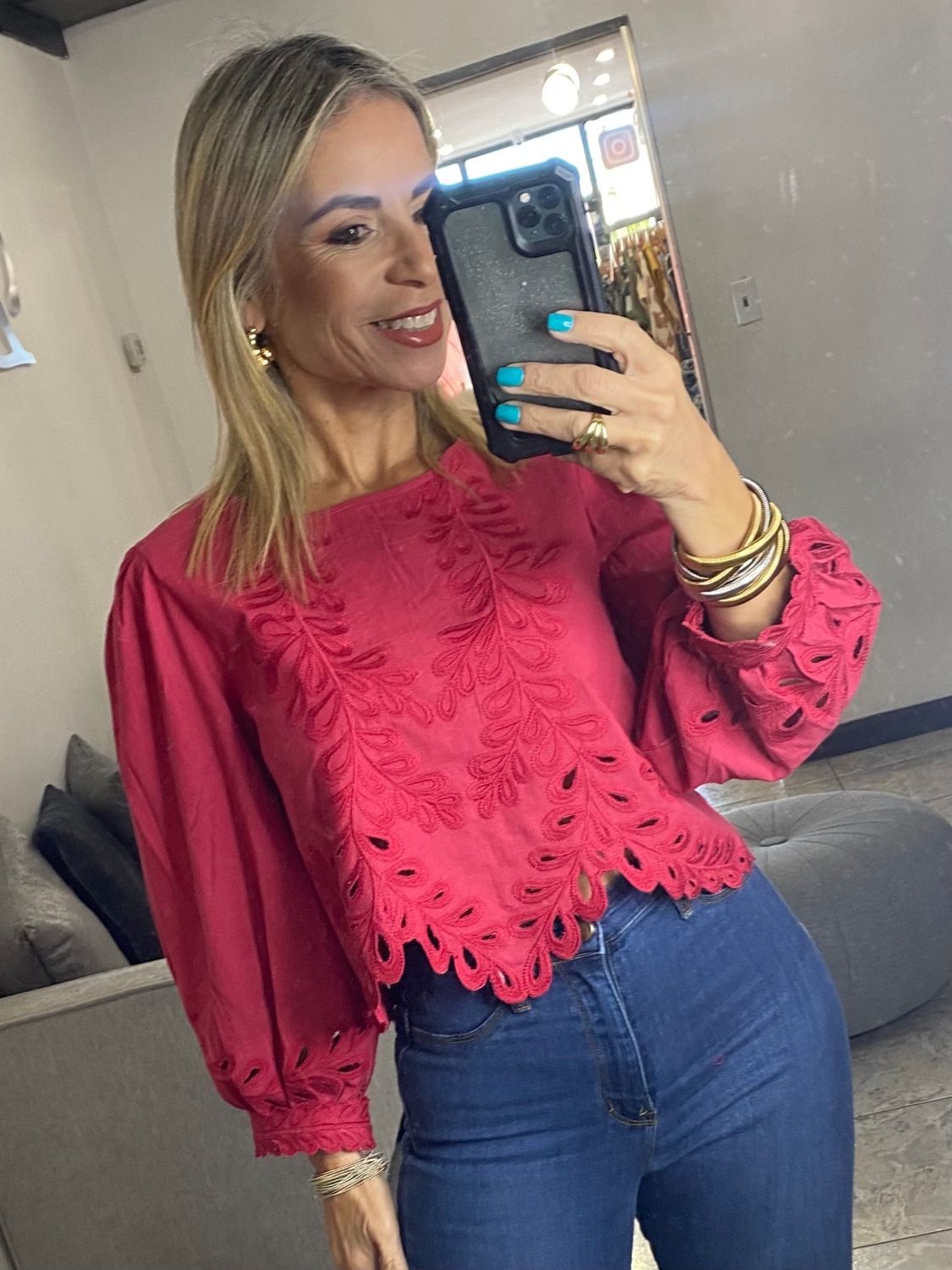 Red Long Slv Laced Detail Top