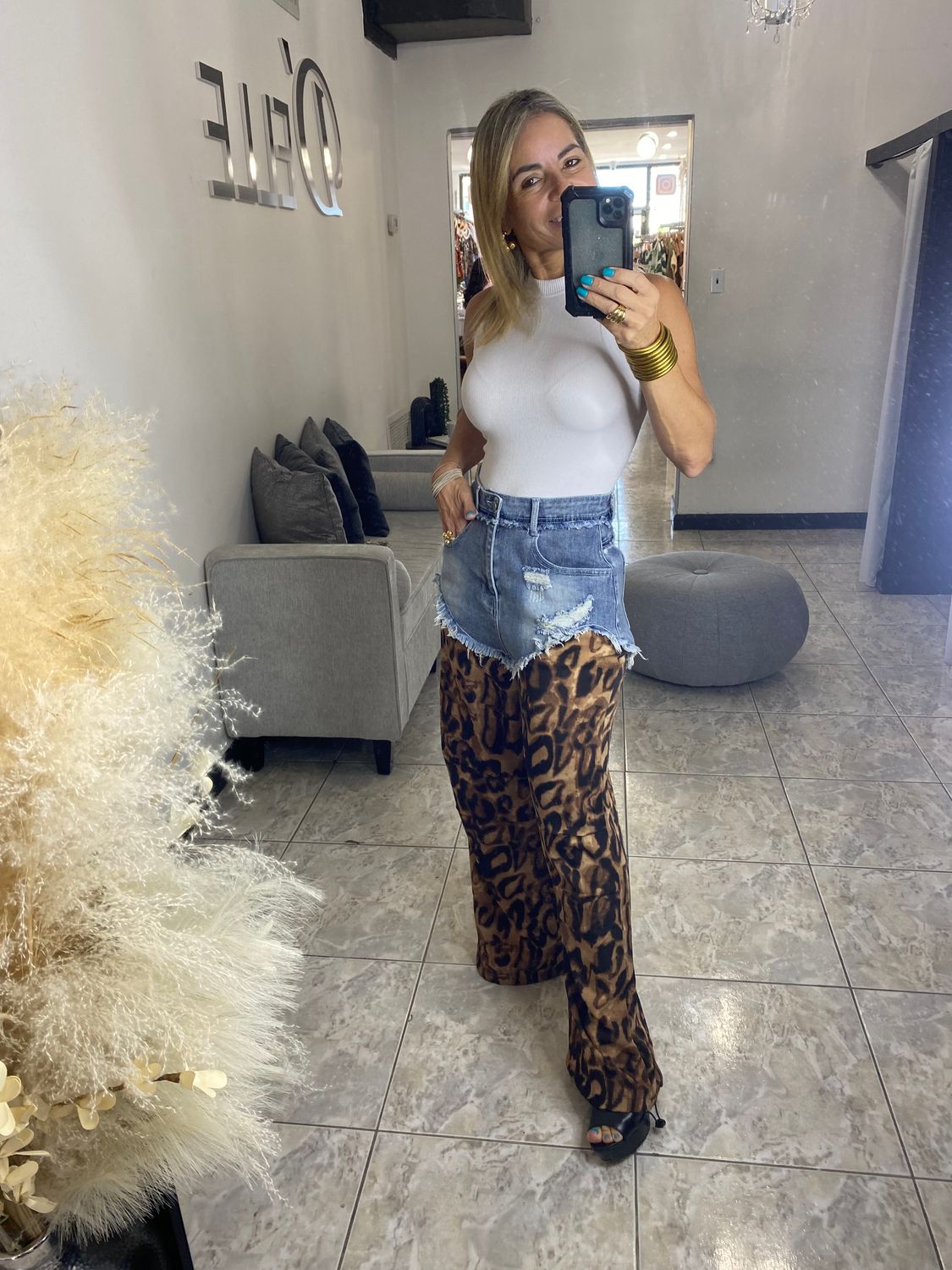Denim Detail Leopard Pants